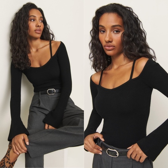 REFORMATION Romey Ribbed Black Sweater - Picture 1 of 7